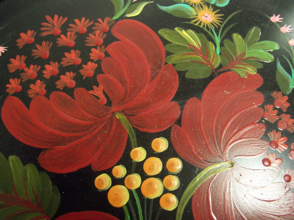 Floral Tole Painted Tin Tray Round 12 inch