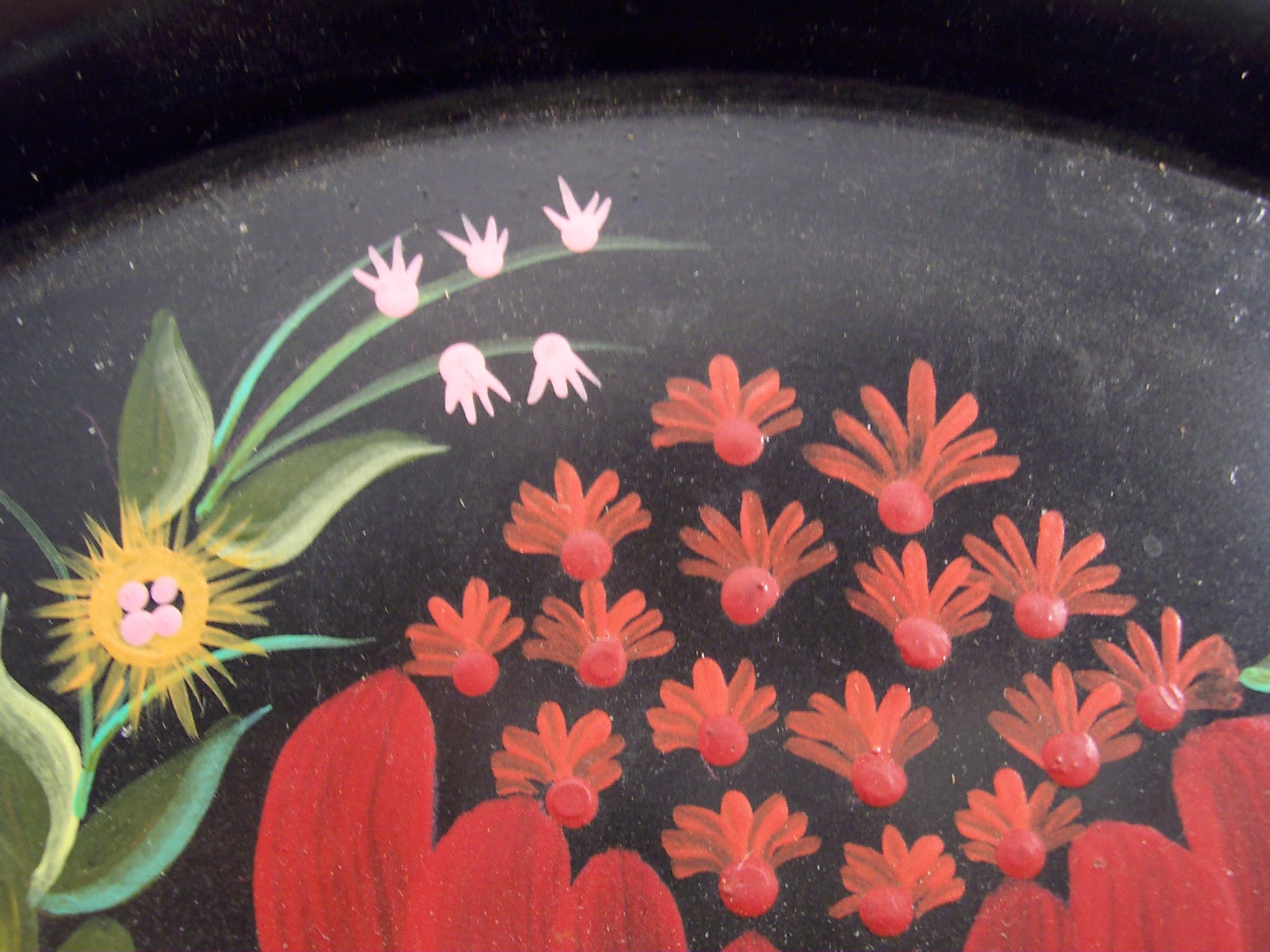 Floral Tole Painted Tin Tray Round 12 inch
