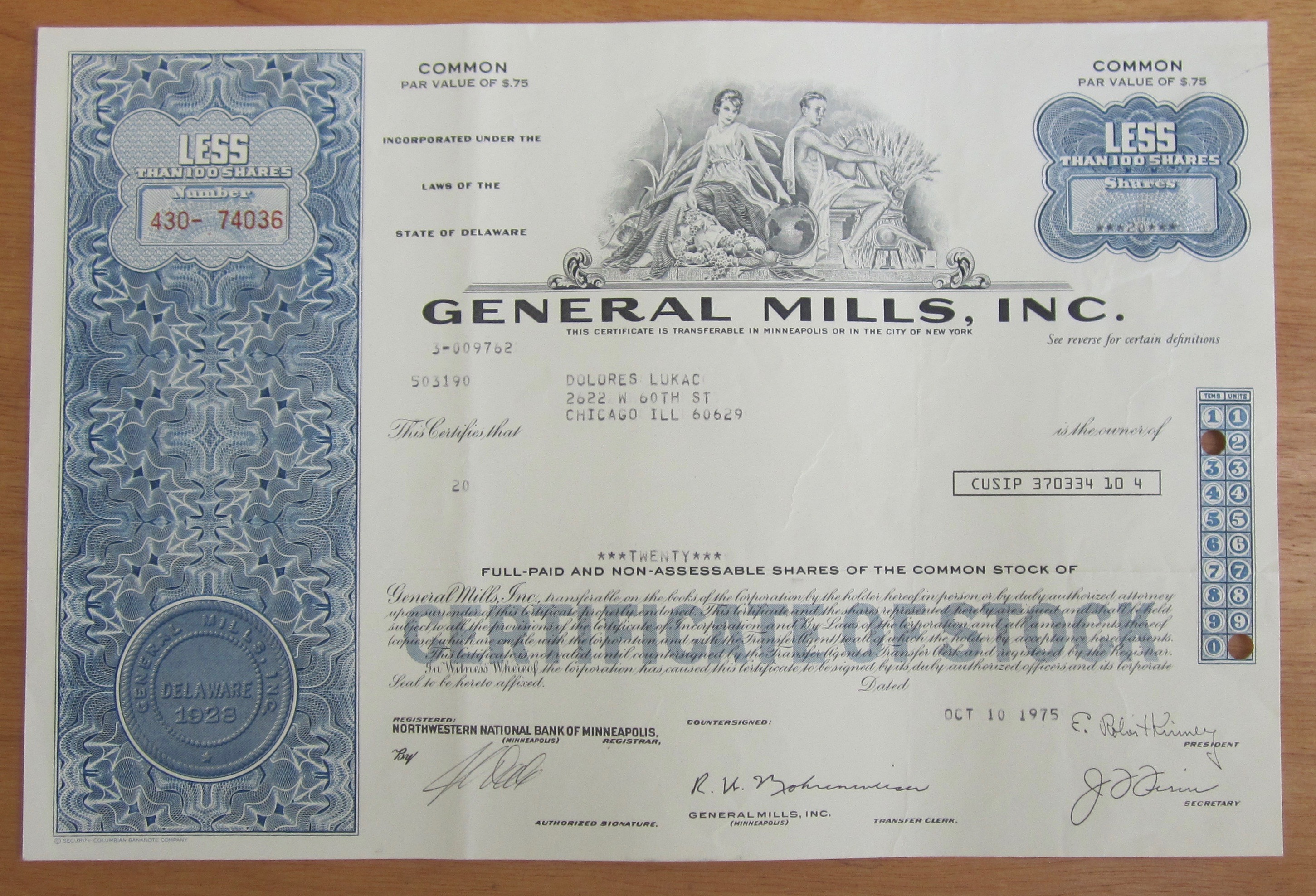 1975 General Mills Incorporated Stock Certificate