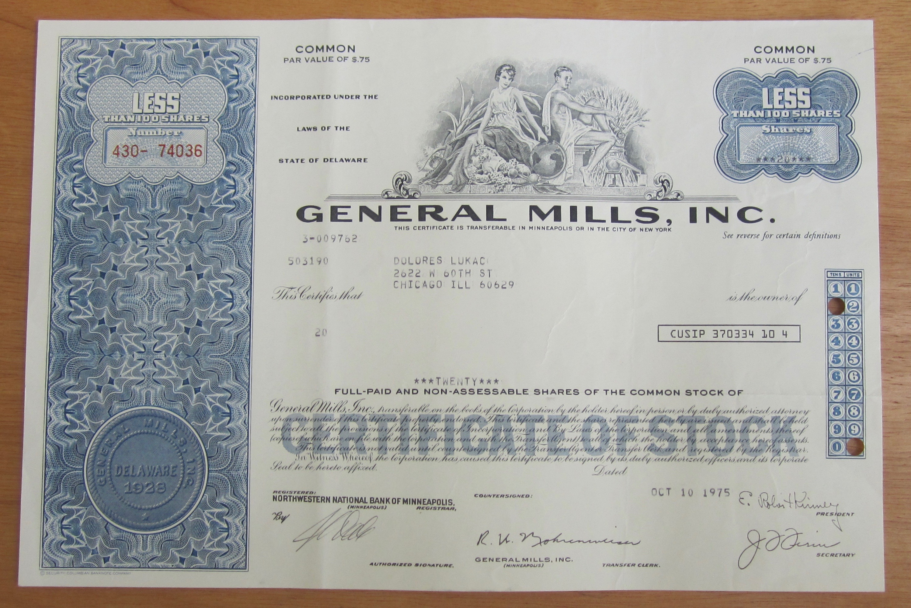 1975 General Mills Incorporated Stock Certificate