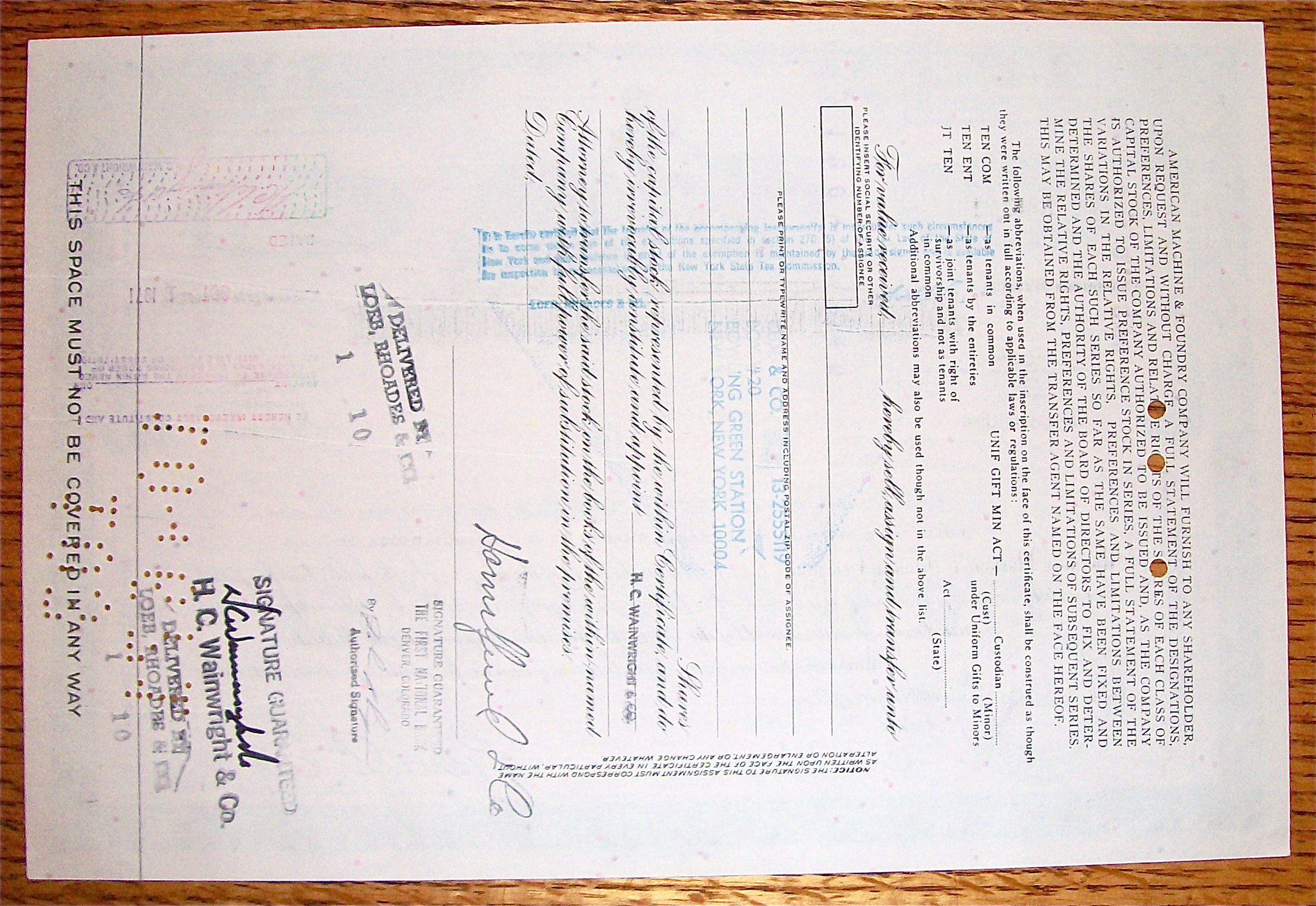 1969 American Machine & Foundry Company Stock