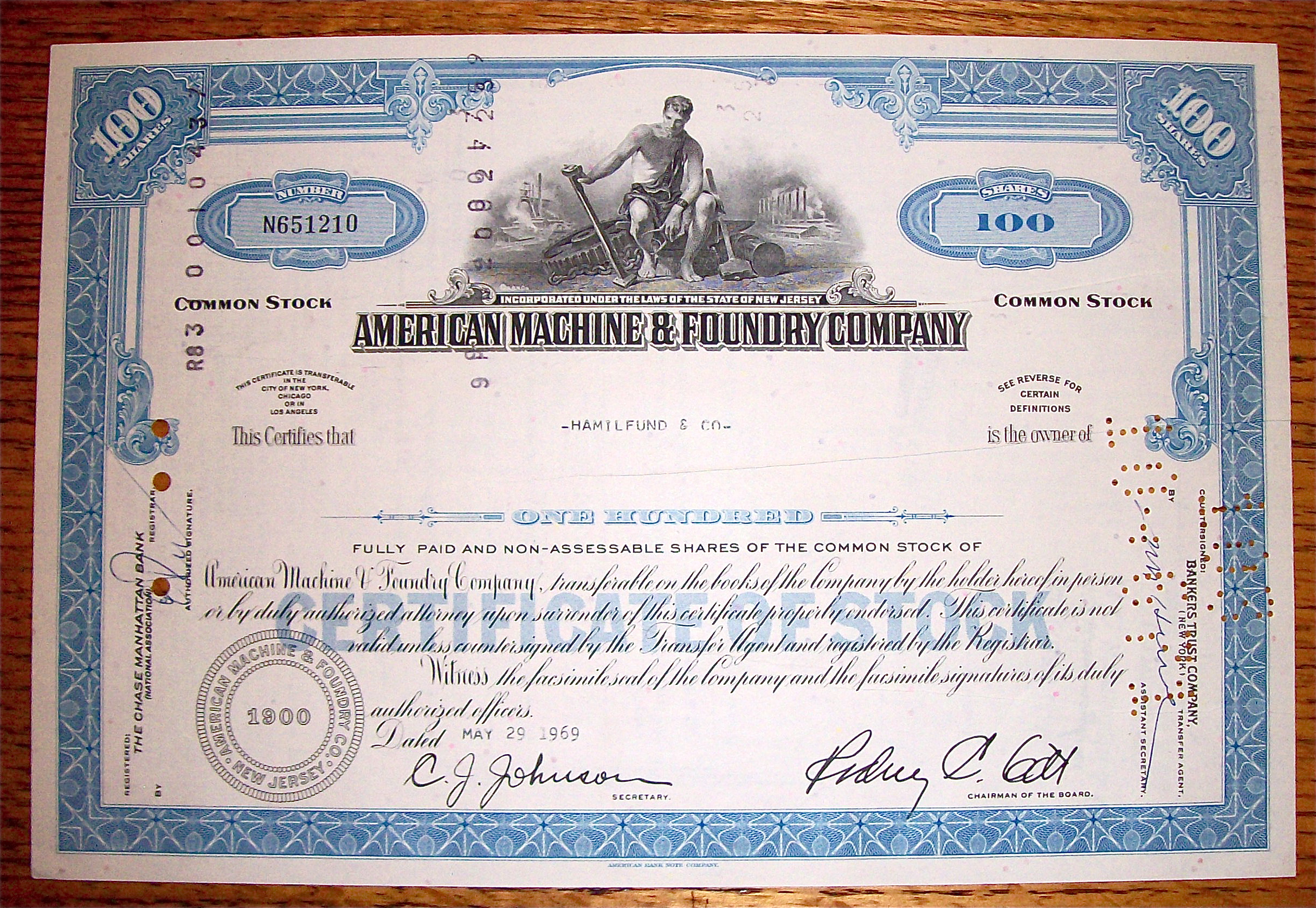 1969 American Machine & Foundry Company Stock
