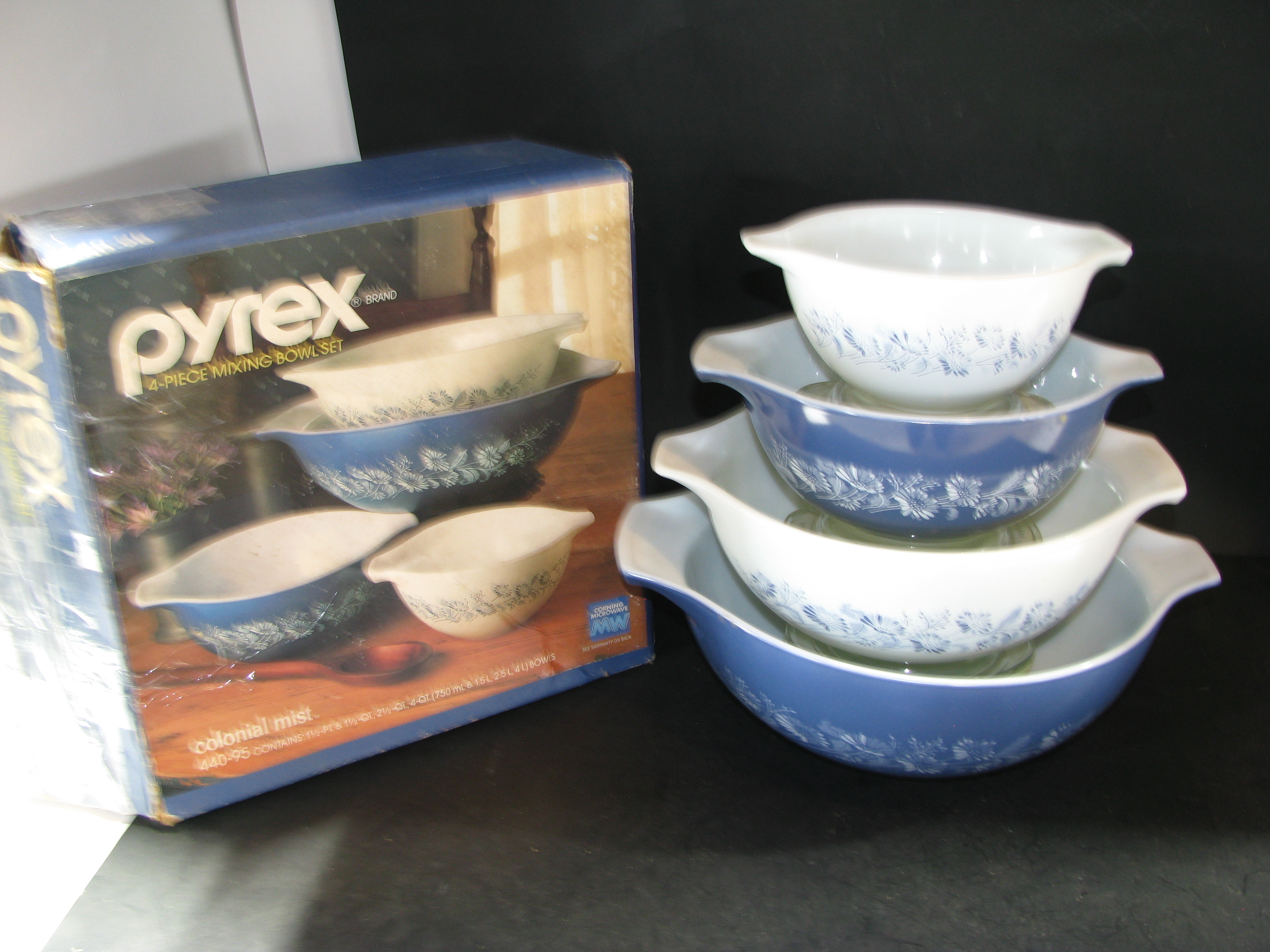 Vintage Pyrex Colonial Mist Cinderella Bowls and Box