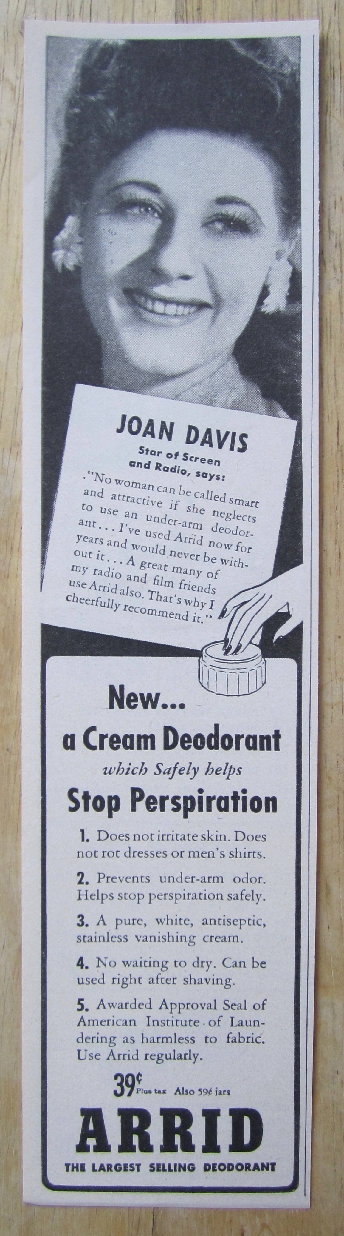 1945 Arrid Deodorant with Screen Star Joan Davis