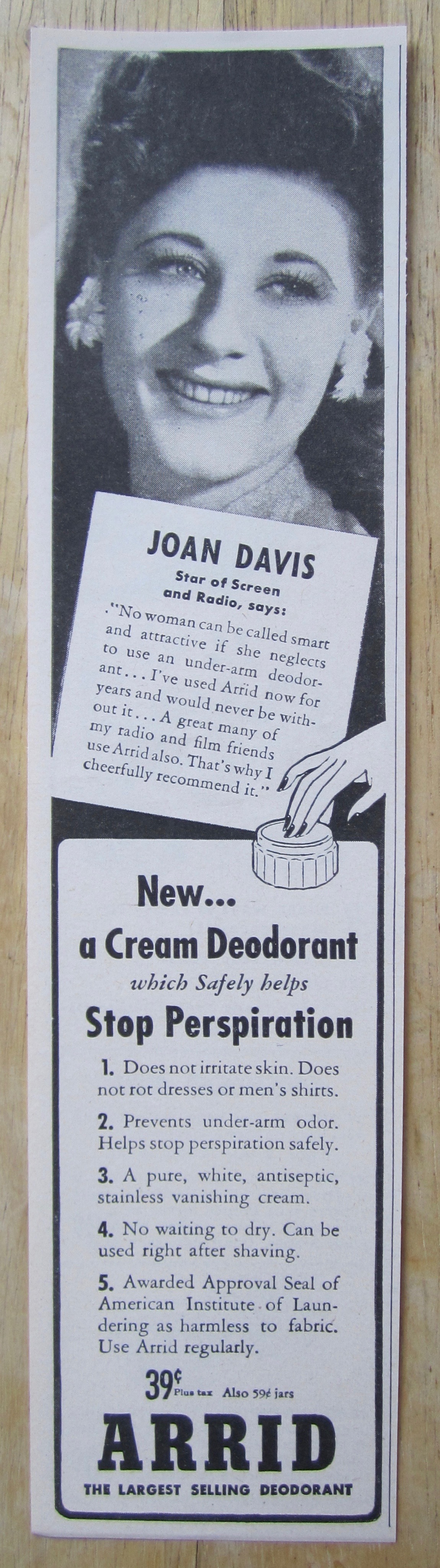 1945 Arrid Deodorant with Screen Star Joan Davis