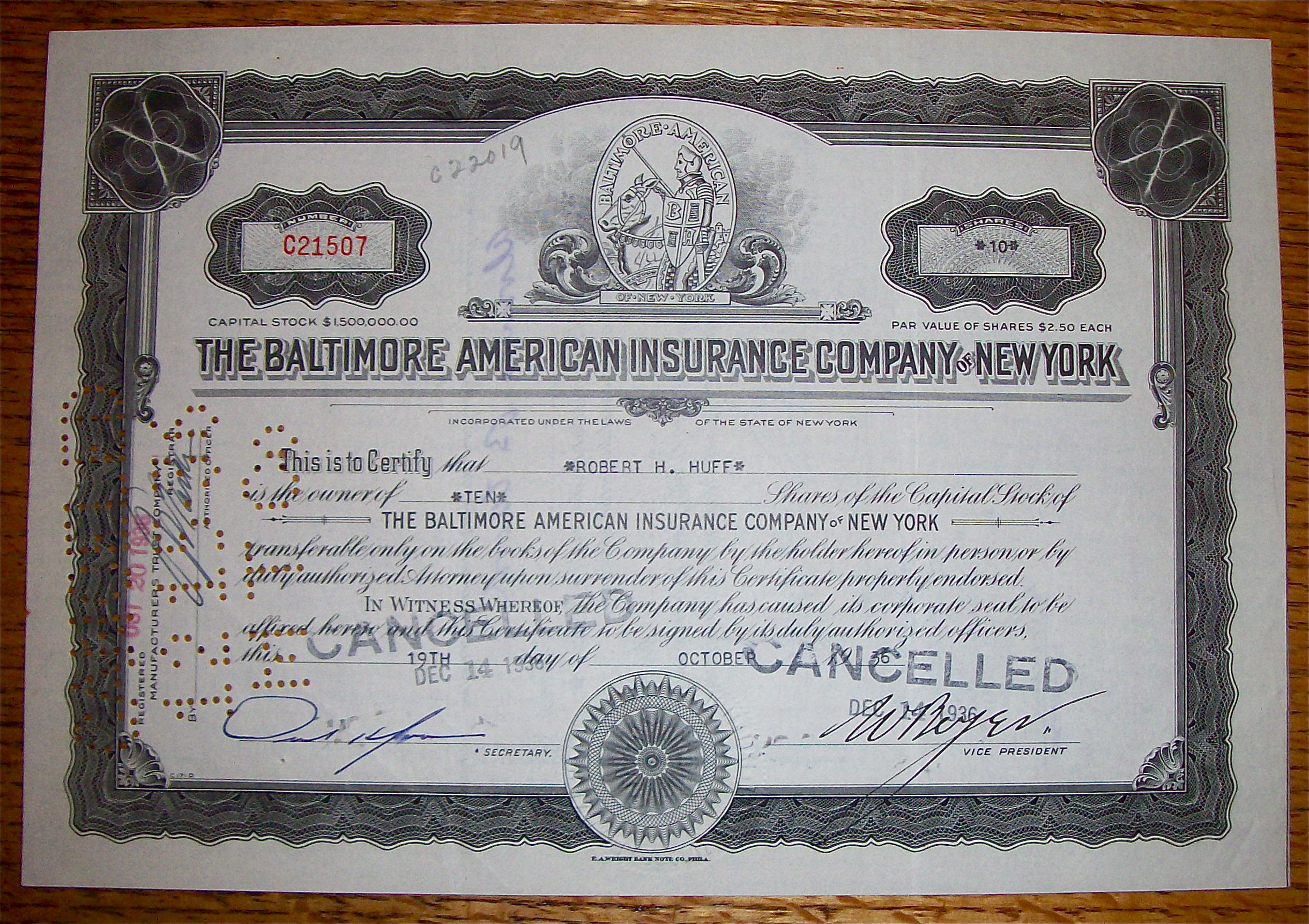 1936 Baltimore American Insurance Co Of New York Stock