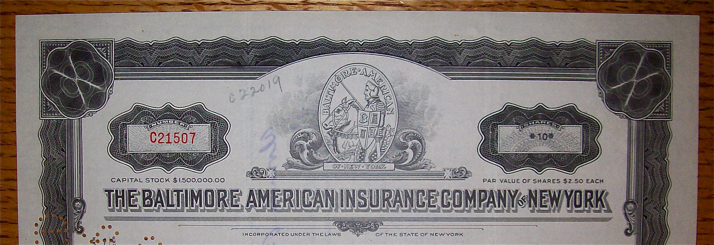 1936 Baltimore American Insurance Co Of New York Stock