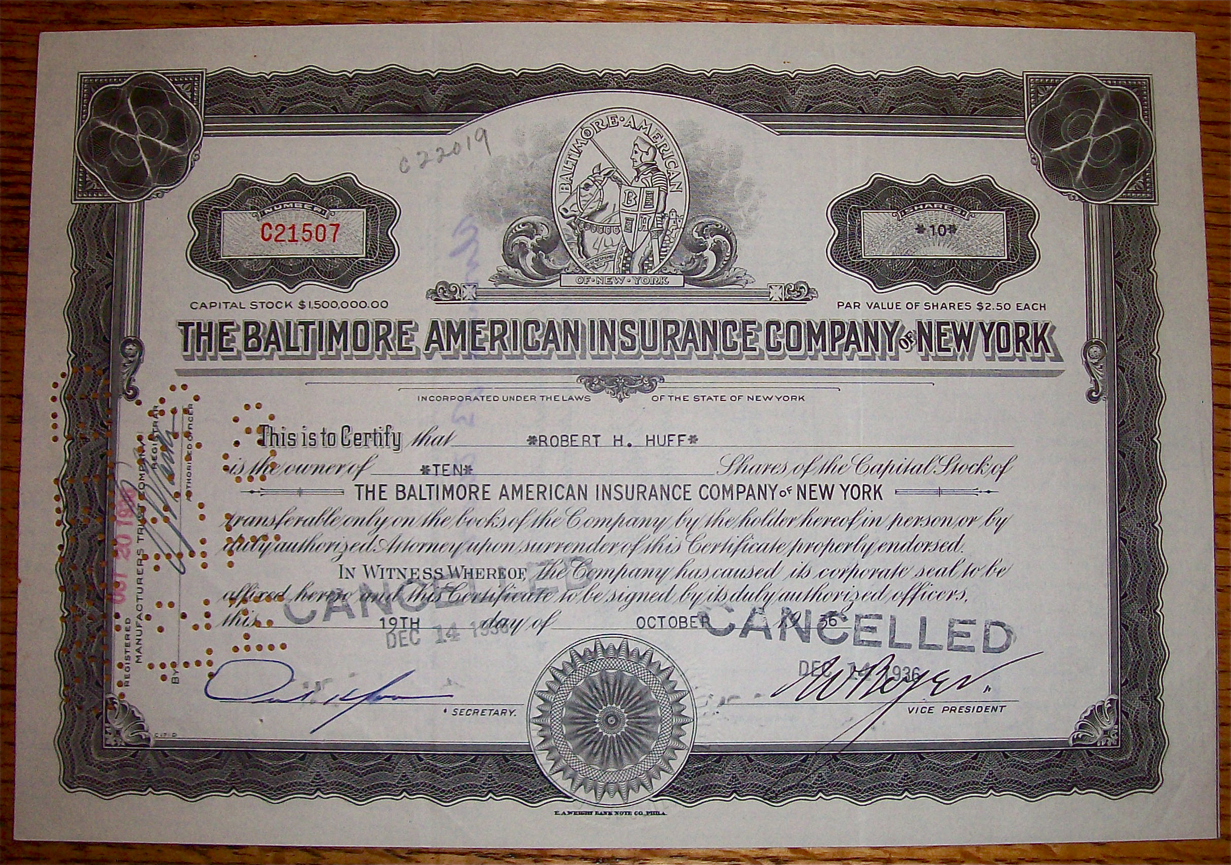 1936 Baltimore American Insurance Co Of New York Stock