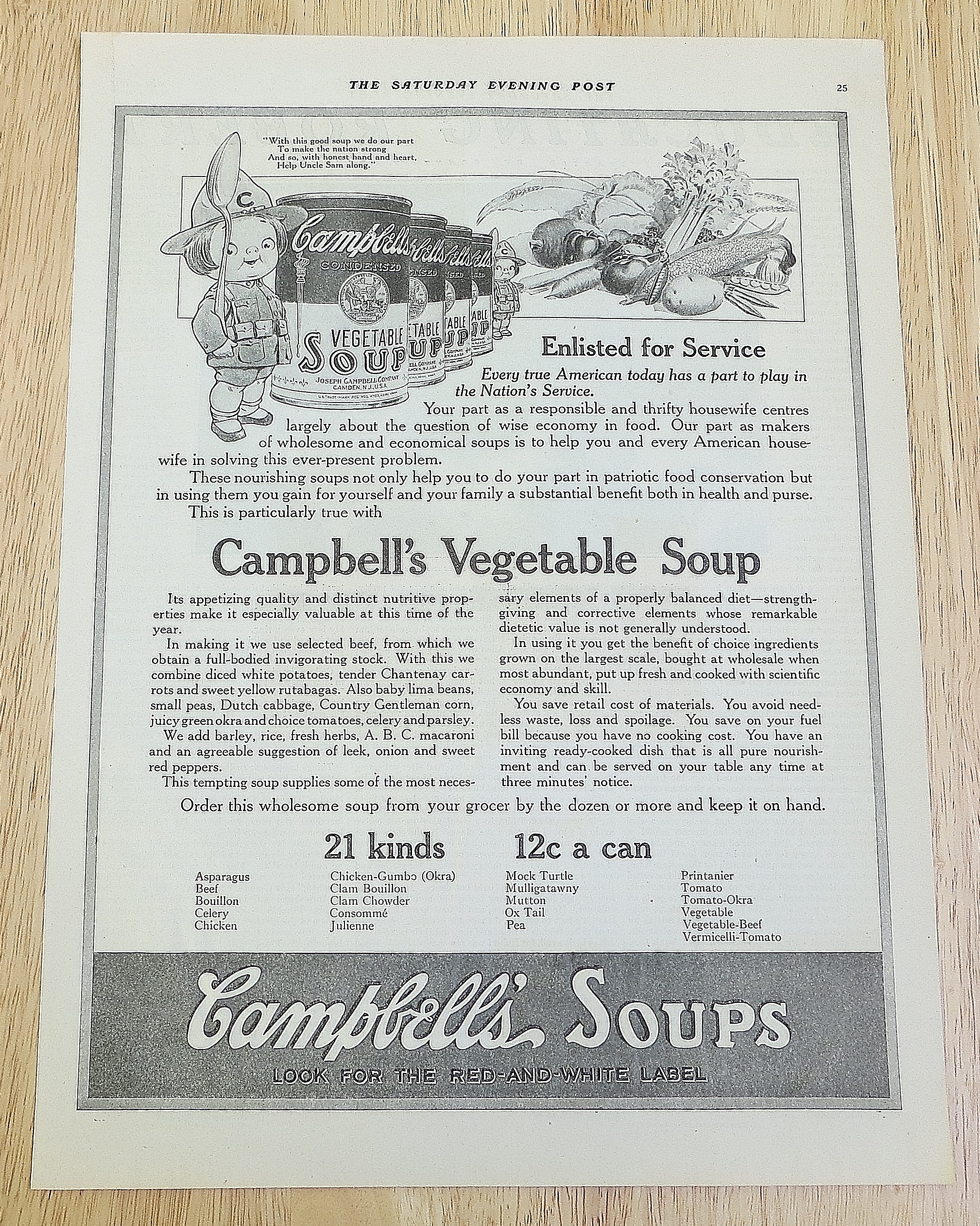 1918 Campbell's Vegetable Soup With A Campbell's Kid