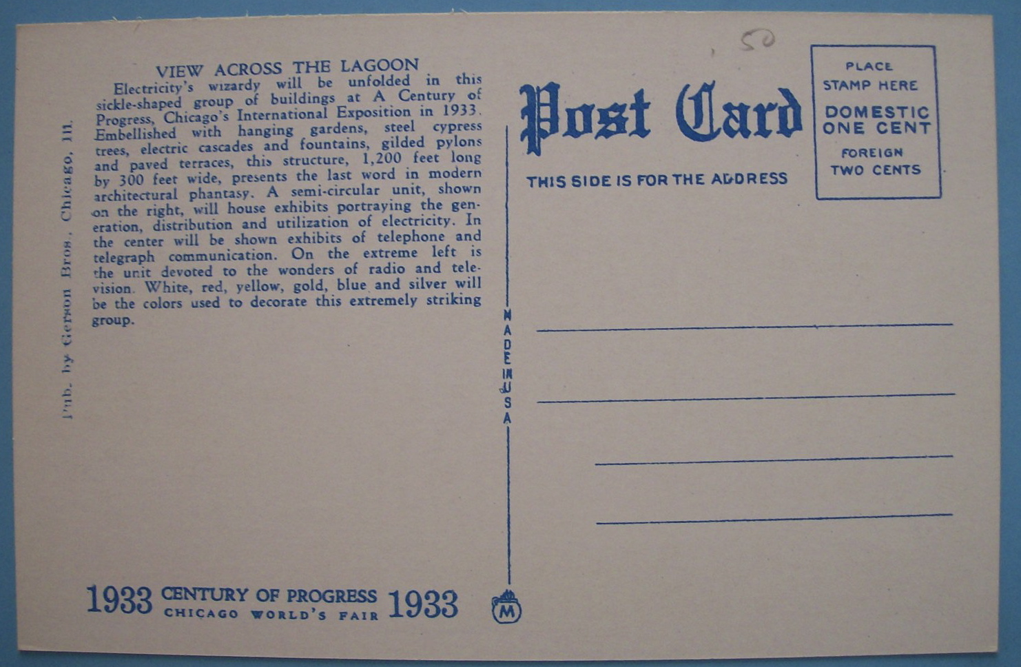 1933 Century Of Progress Across the Lagoon Postcard