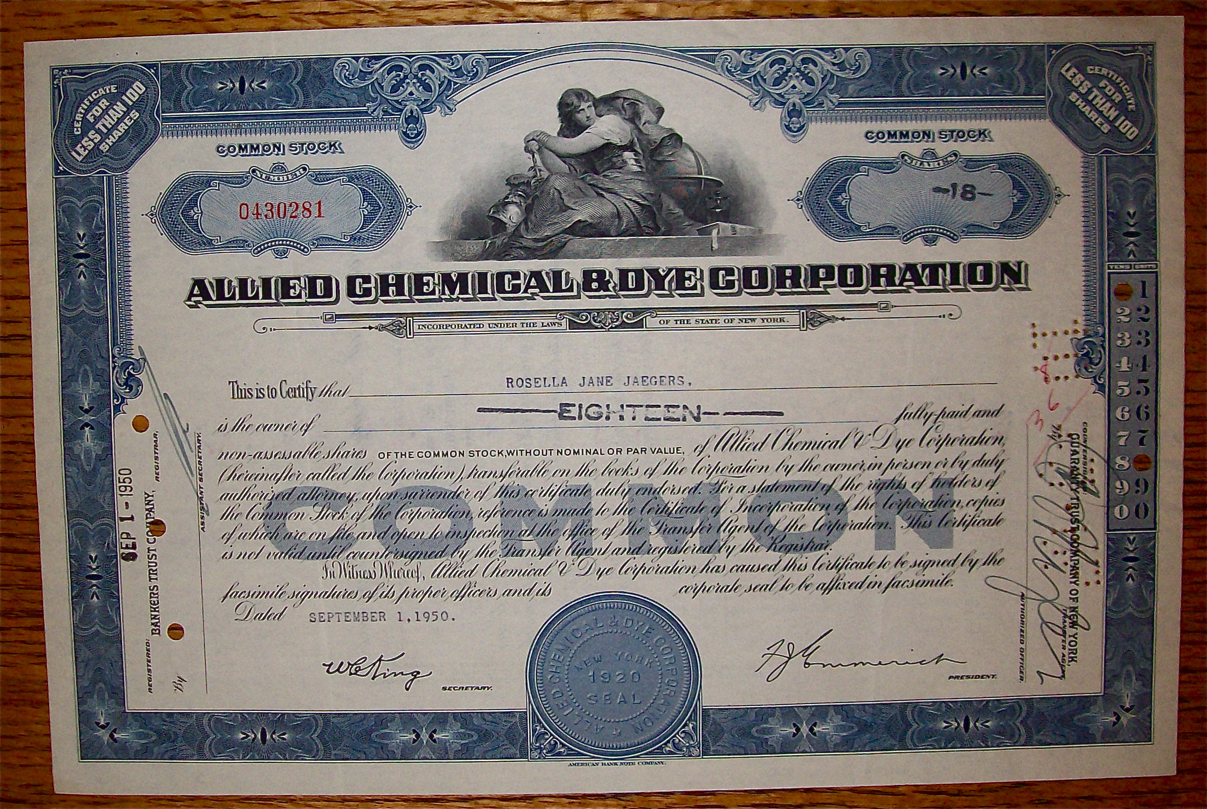 1950 Allied Chemical & Dye Corp Stock Certificate