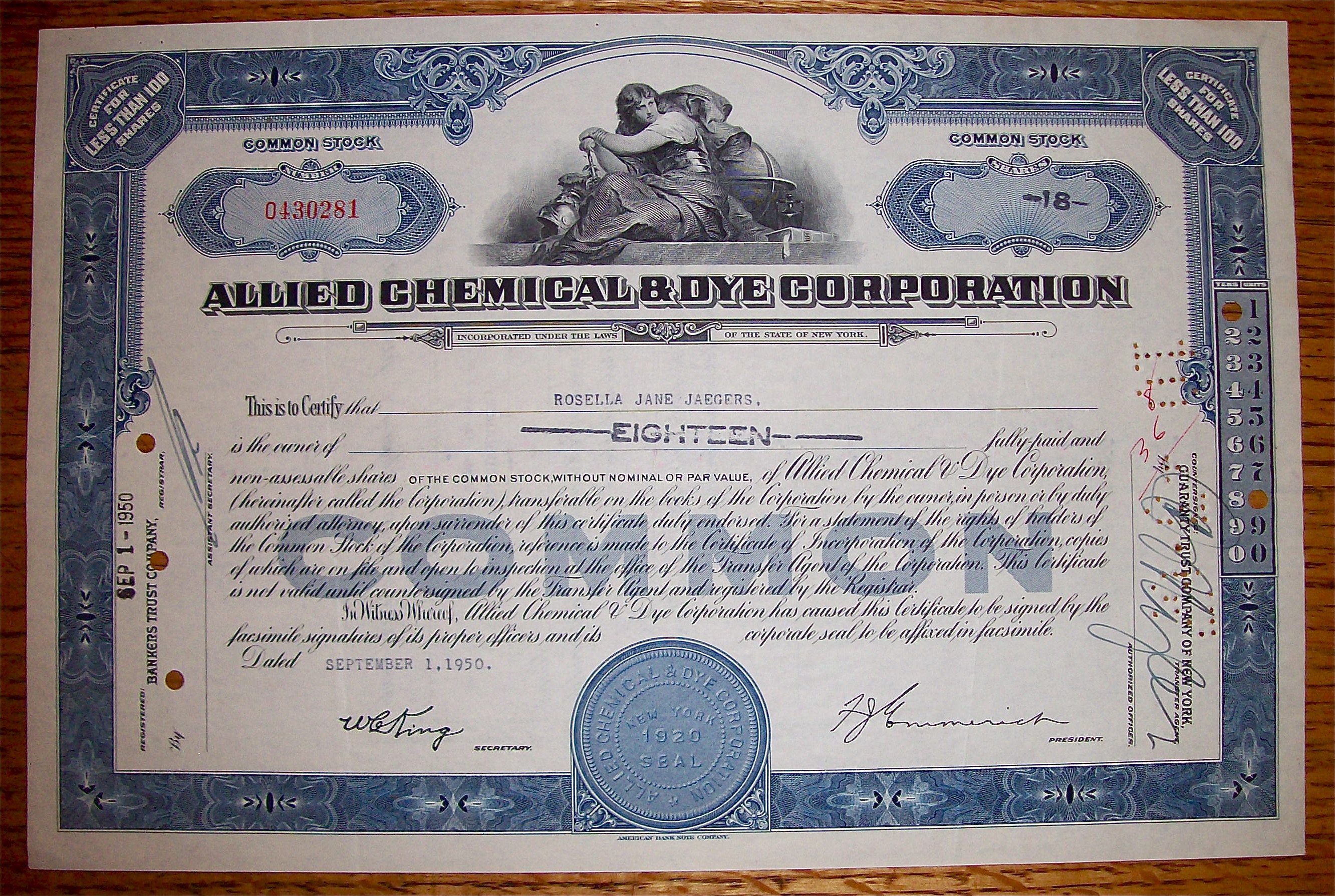 1950 Allied Chemical & Dye Corp Stock Certificate