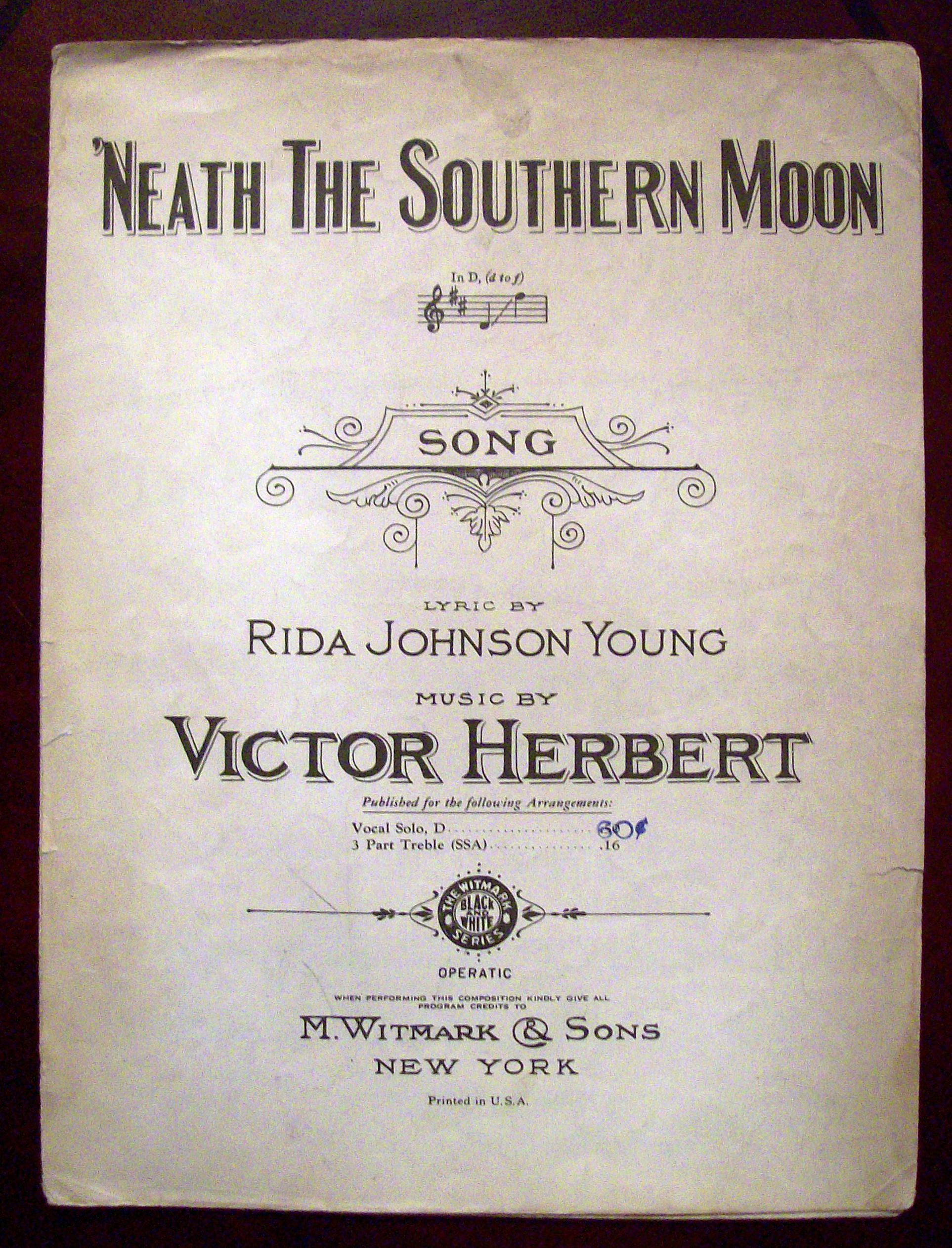 Sheet Music of 1910 'Neath The Southern Moon