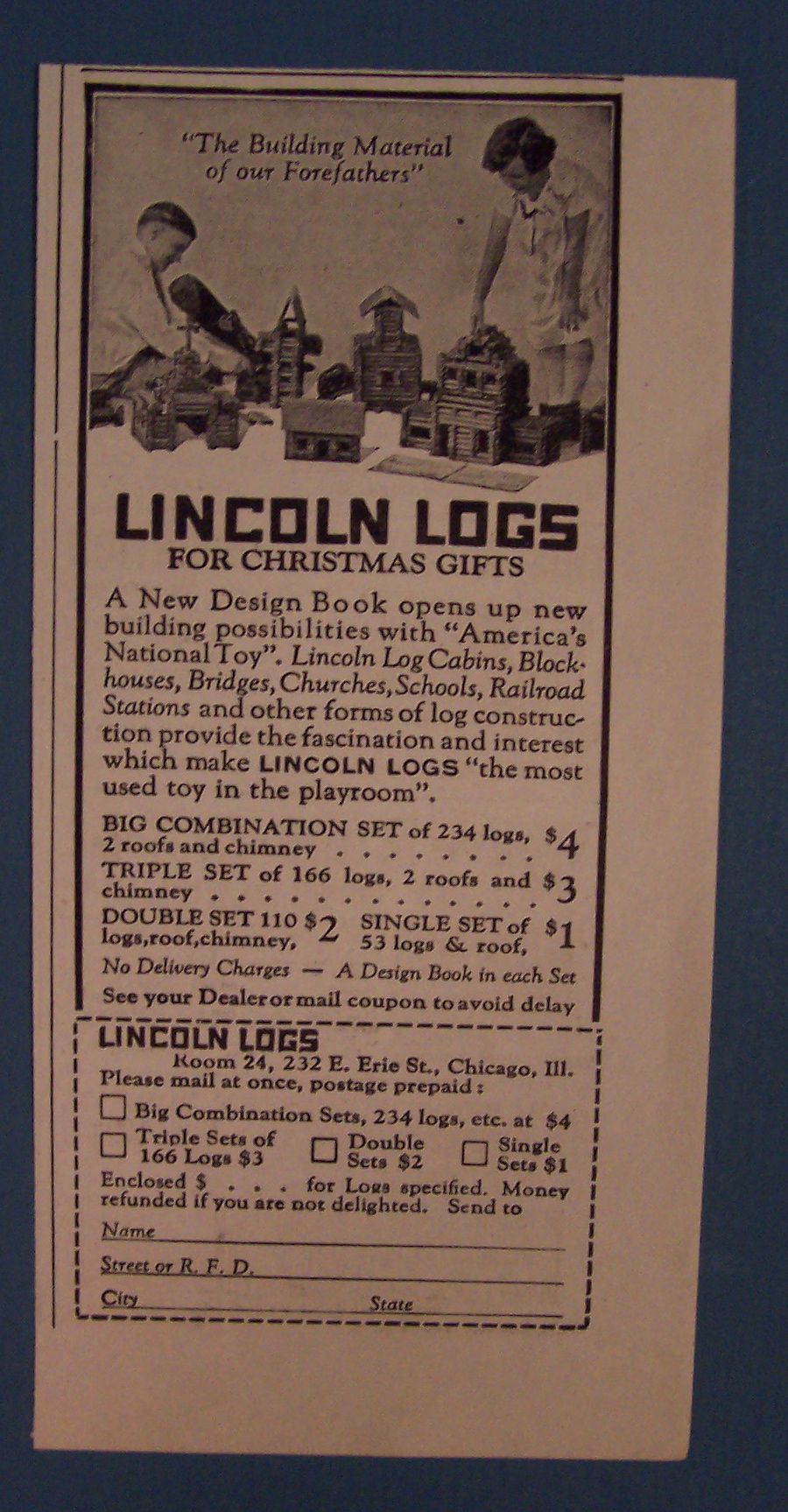 1926 Lincoln Logs with Two Children Playing with Logs