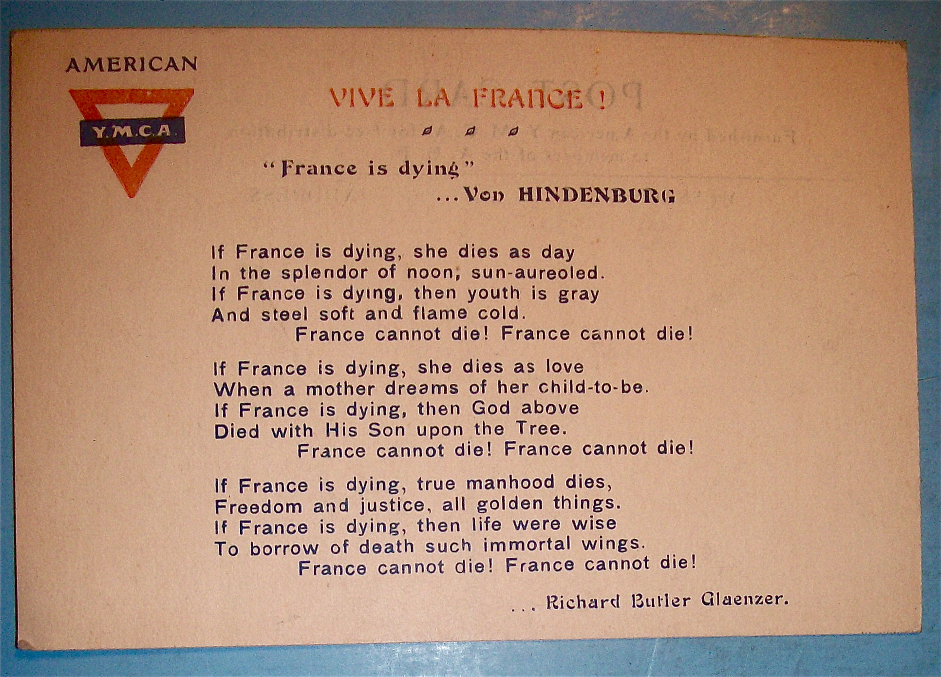 Vive La France, American Y.M.C.A Postcard