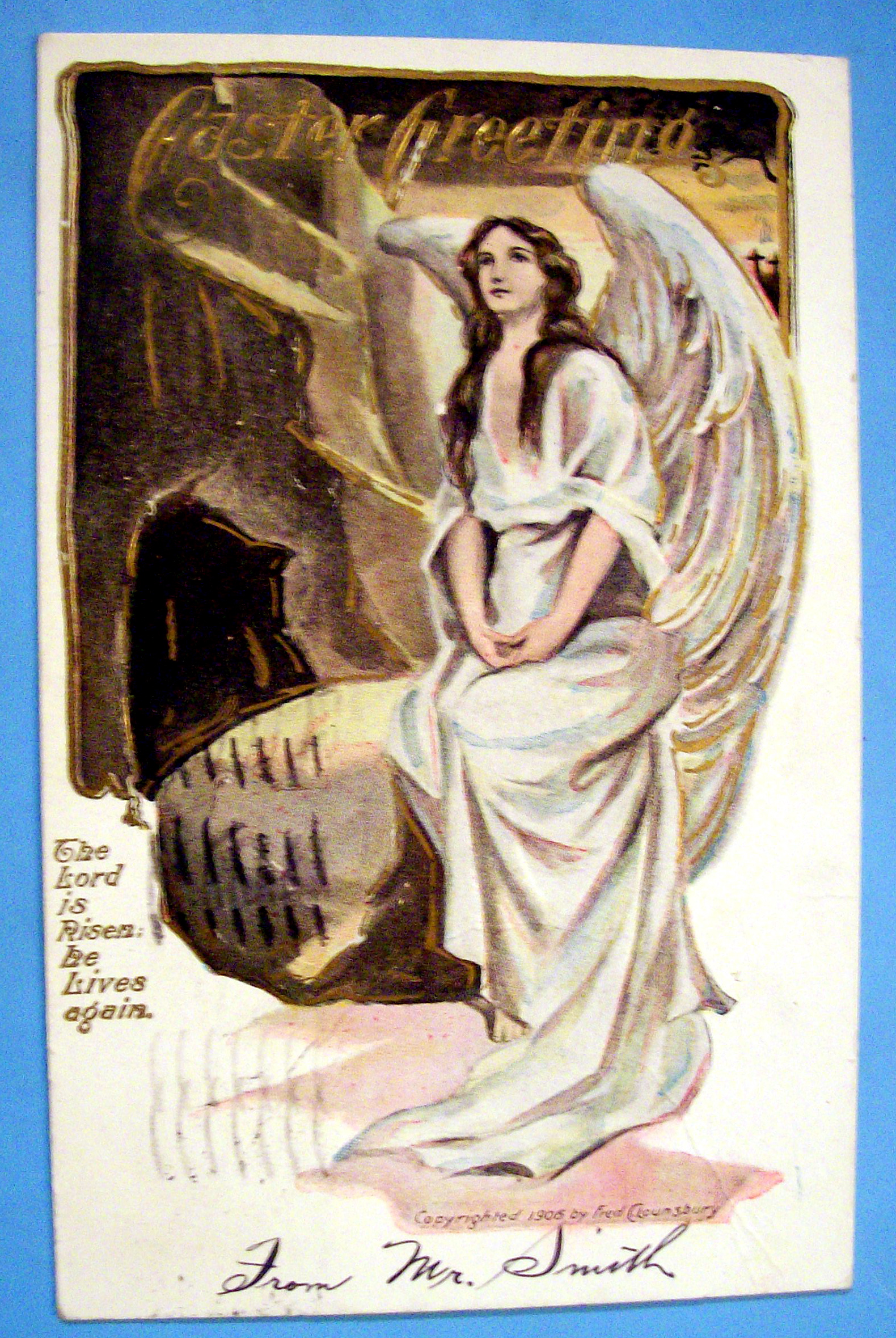 Easter Greetings Postcard w/Angel Sitting on a Rock