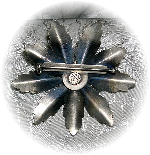 Large Signed Bell Nickel Silver Flower Brooch