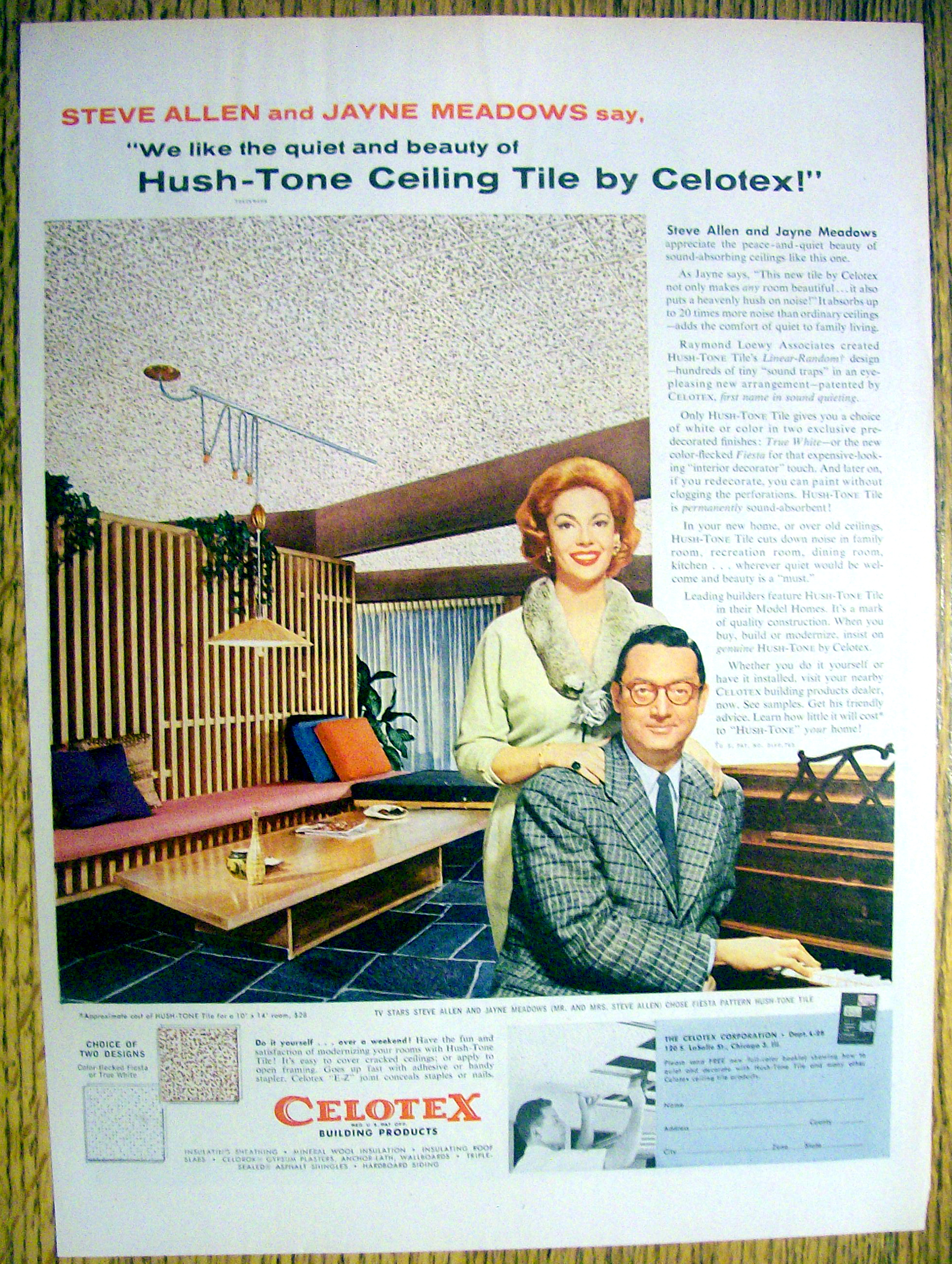 1958 Celotex Ceiling Tile w/Steve Allen & Jayne Meadow