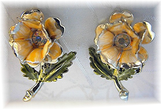 Enamel & Rhinestone Flower Clip Earrings