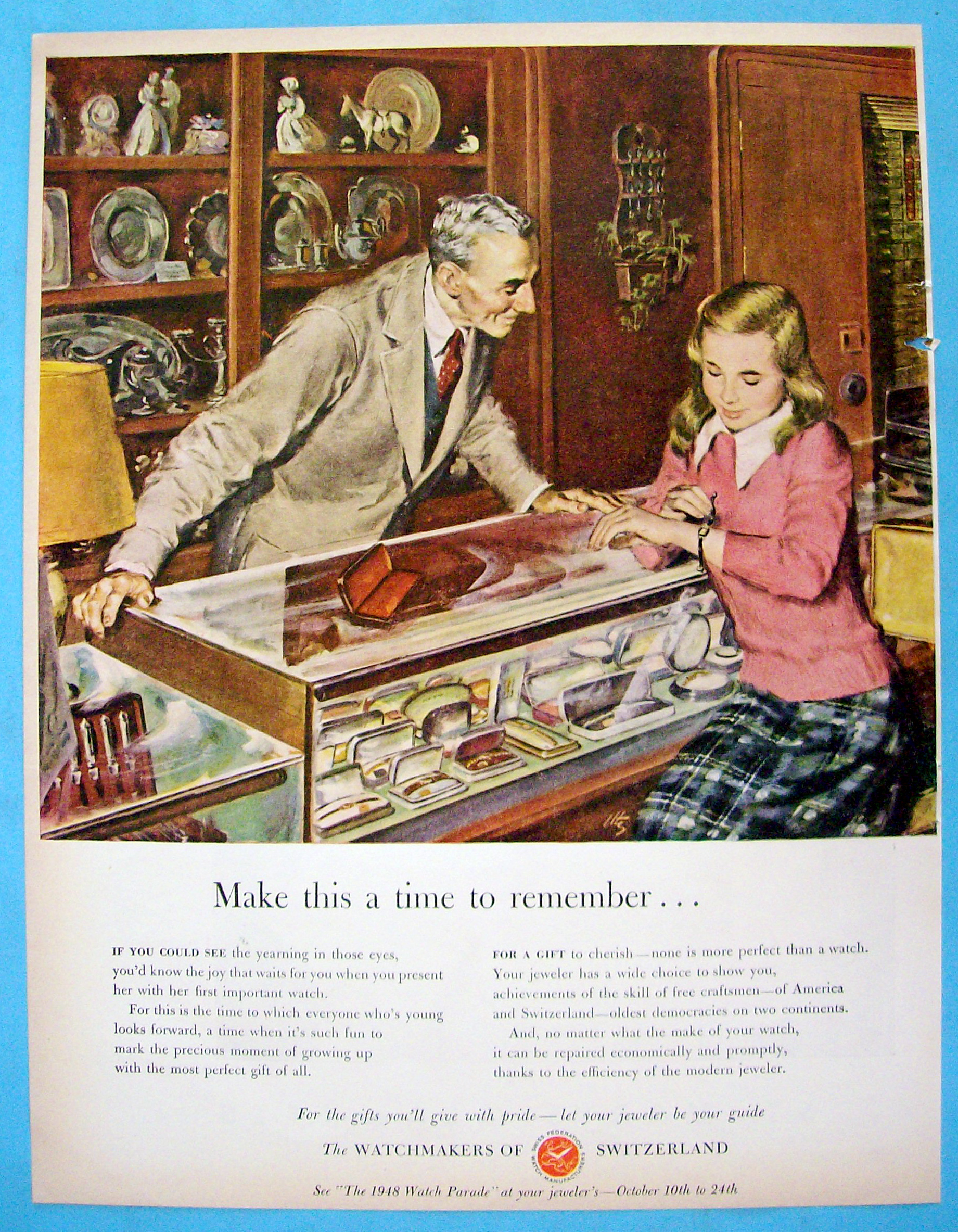 1948 Watchmakers Of Switzerland w/Girl and Watch By Utz