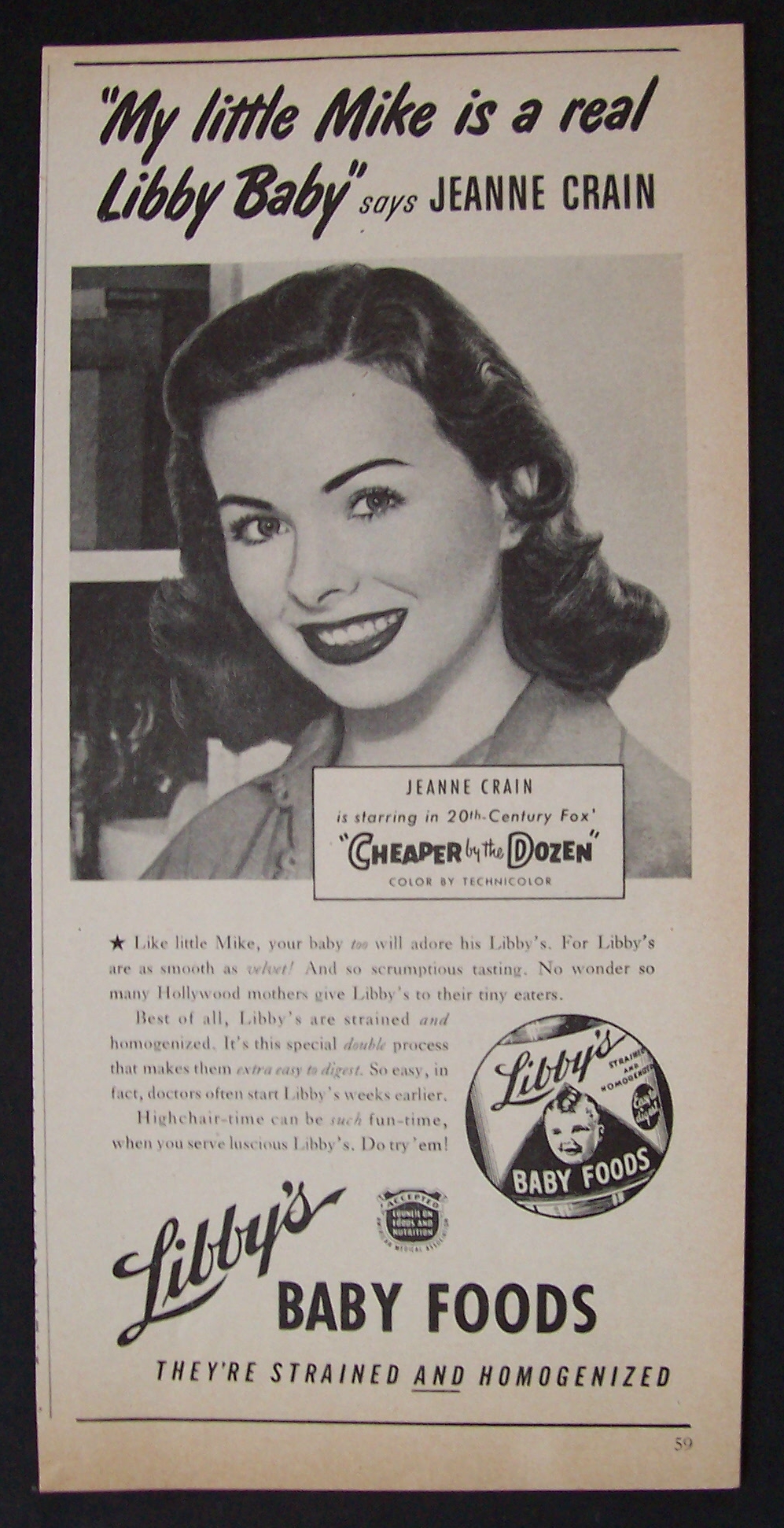 1950 Libby Baby Food w/Jeanne Crain (Cheaper By Dozen)
