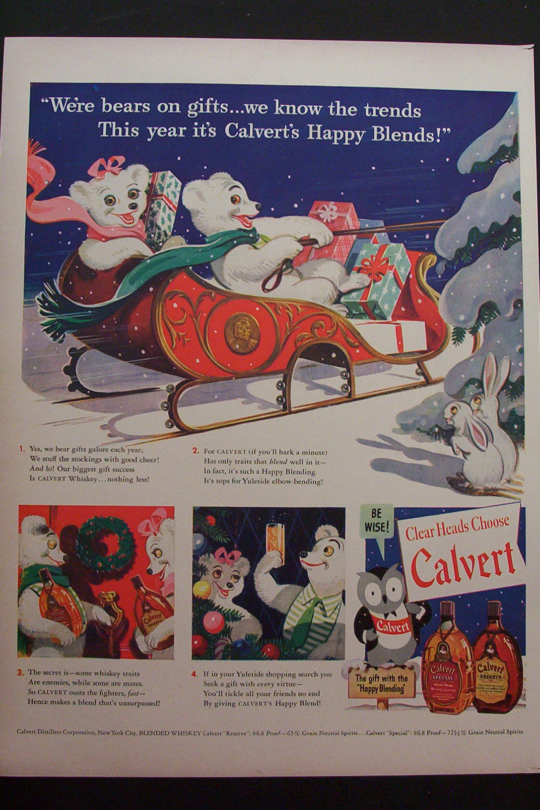 1942 Calvert Whiskey with 2 Bears Riding in Sleigh