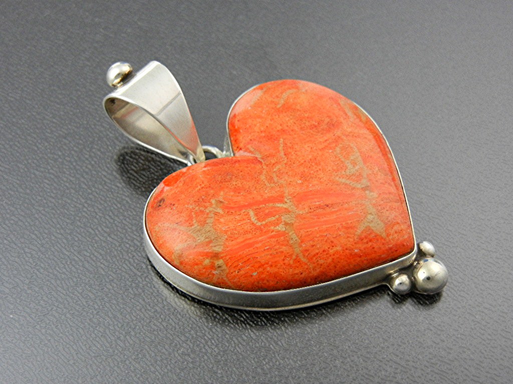 David Troutman Apple Coral Sterling Silver Heart Pendan