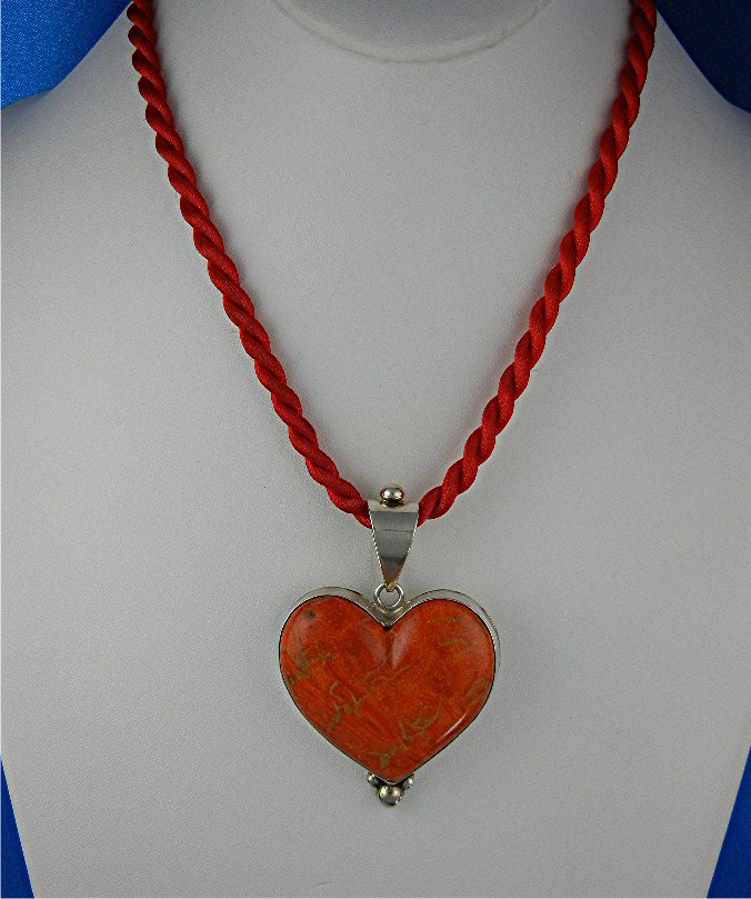 David Troutman Apple Coral Sterling Silver Heart Pendan