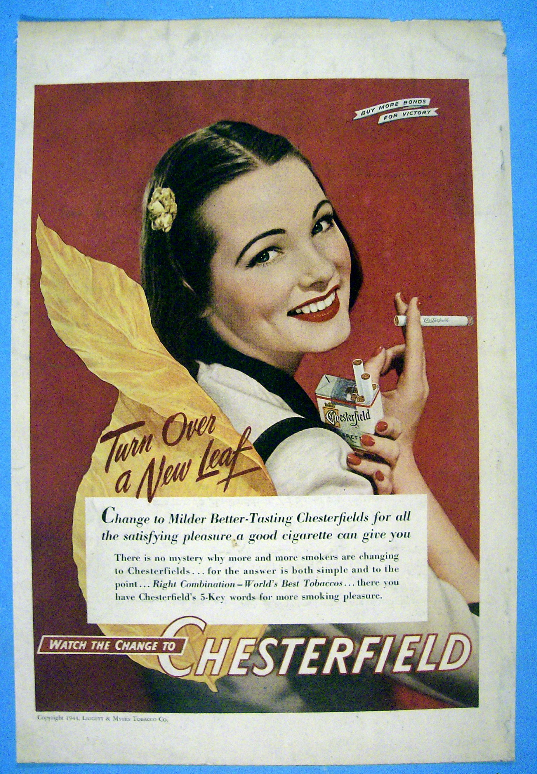 1944 Chesterfield Cigarettes w/ Woman Smoking Cigarette