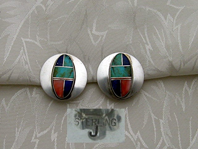 Sterling Silver Coral Lapis Turquoise Clip Earrings J