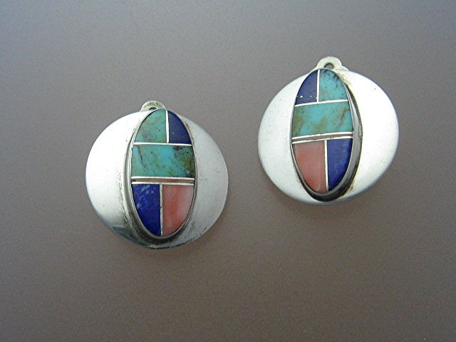 Sterling Silver Coral Lapis Turquoise Clip Earrings J
