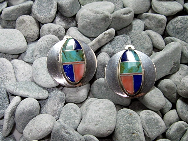 Sterling Silver Coral Lapis Turquoise Clip Earrings J