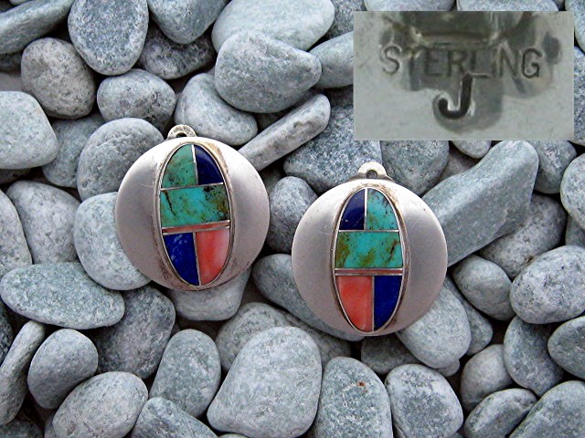 Sterling Silver Coral Lapis Turquoise Clip Earrings J