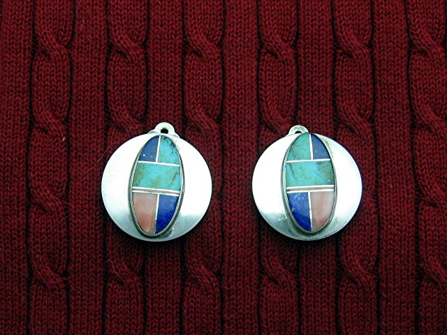 Sterling Silver Coral Lapis Turquoise Clip Earrings J