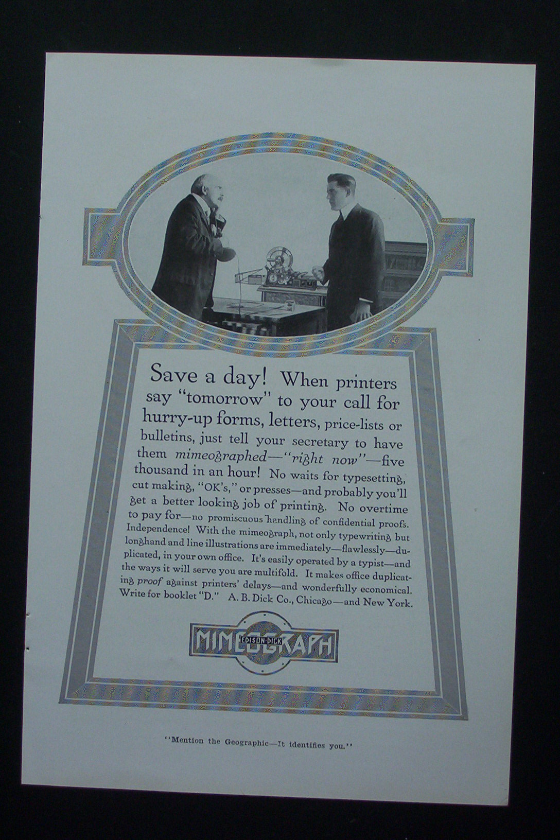 1917 Edison-Dick Mimeograph with Two Men Talking