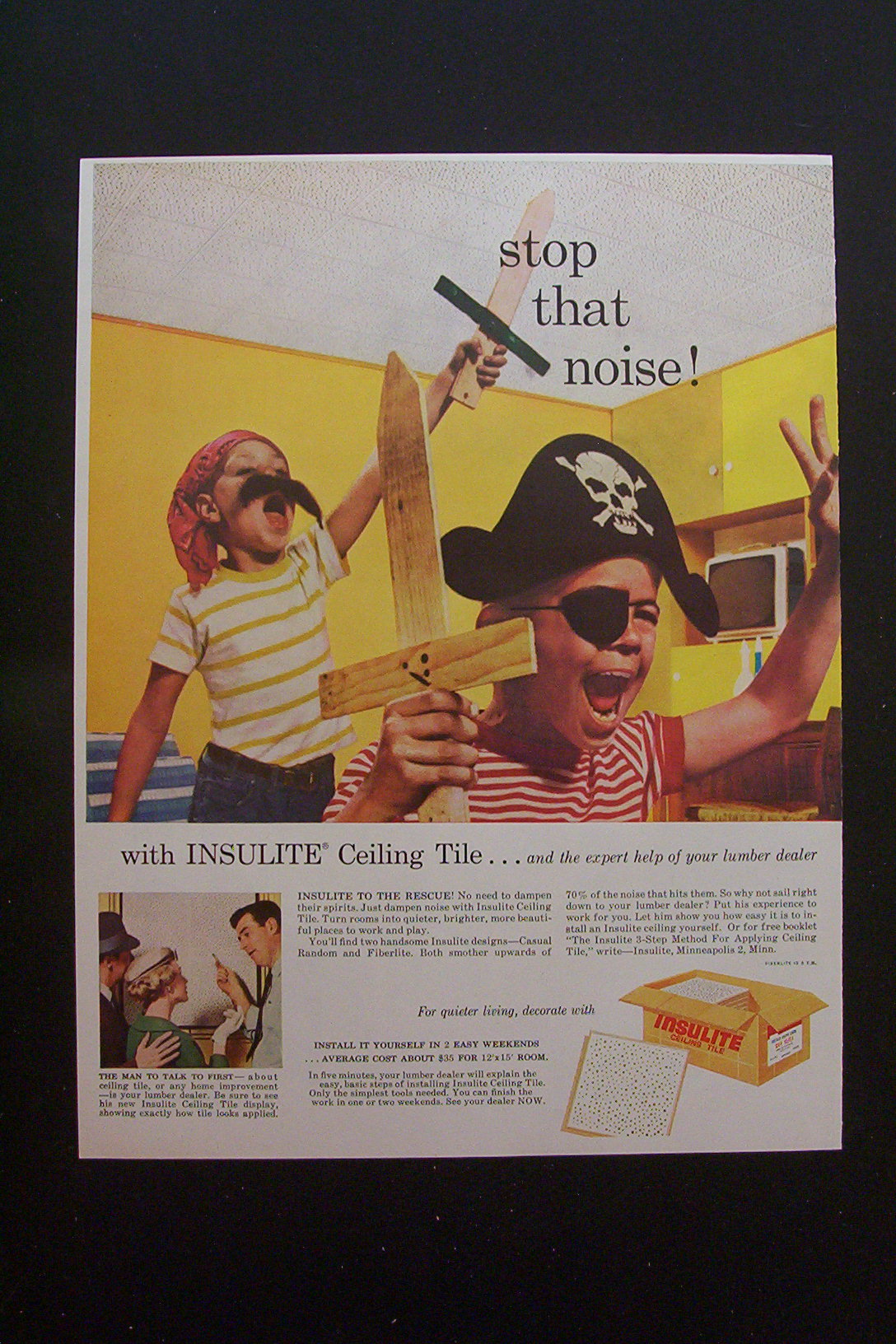 1959 Insulite Ceiling Tile w/ 2 Boys Dressed as Pirates