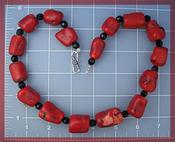 Coral Black Jet Glass Sterling Silver Clasp Necklace