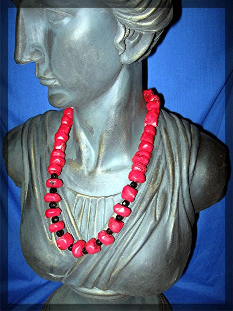 Coral Black Jet Glass Sterling Silver Clasp Necklace