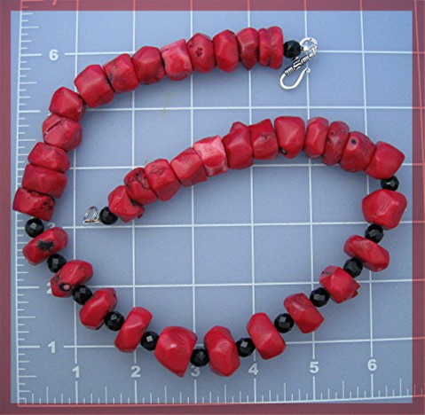 Coral Black Jet Glass Sterling Silver Clasp Necklace