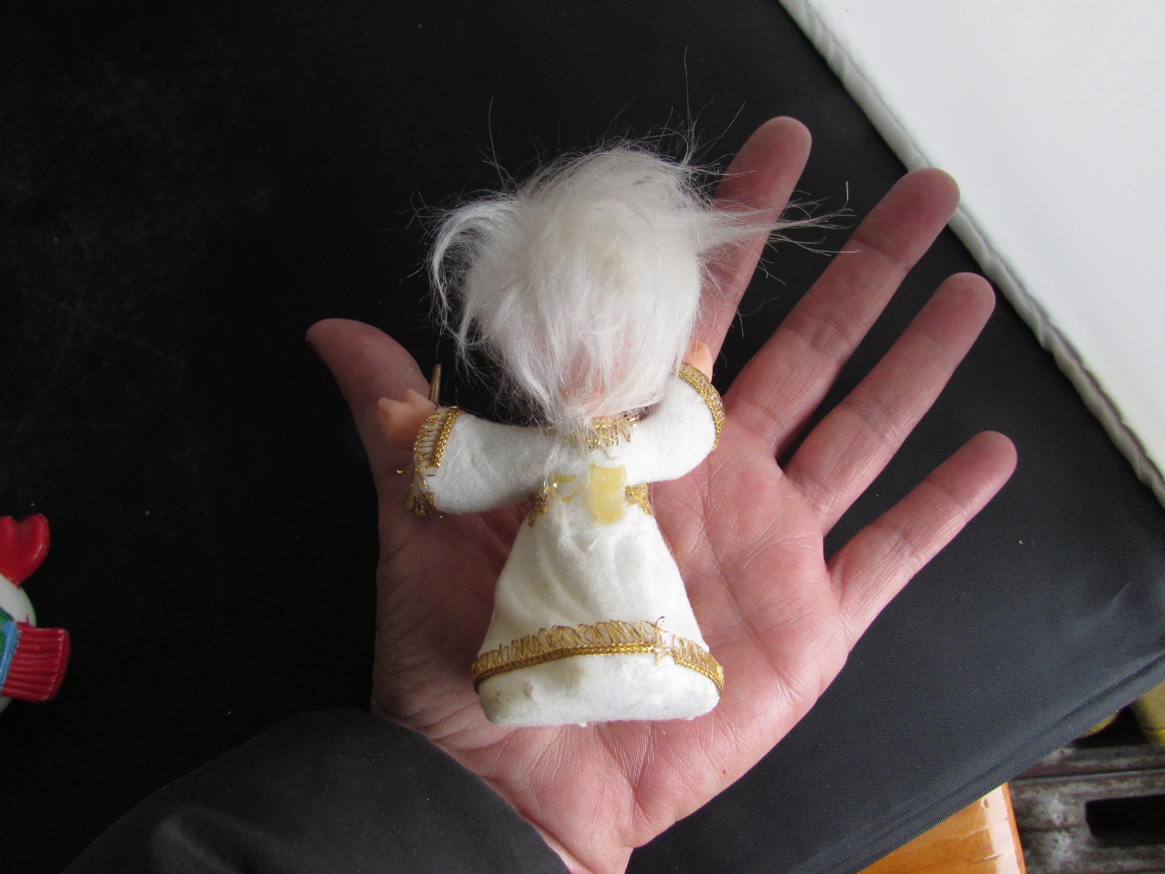 Plastic felted Angel with horn 3 1/2 inch