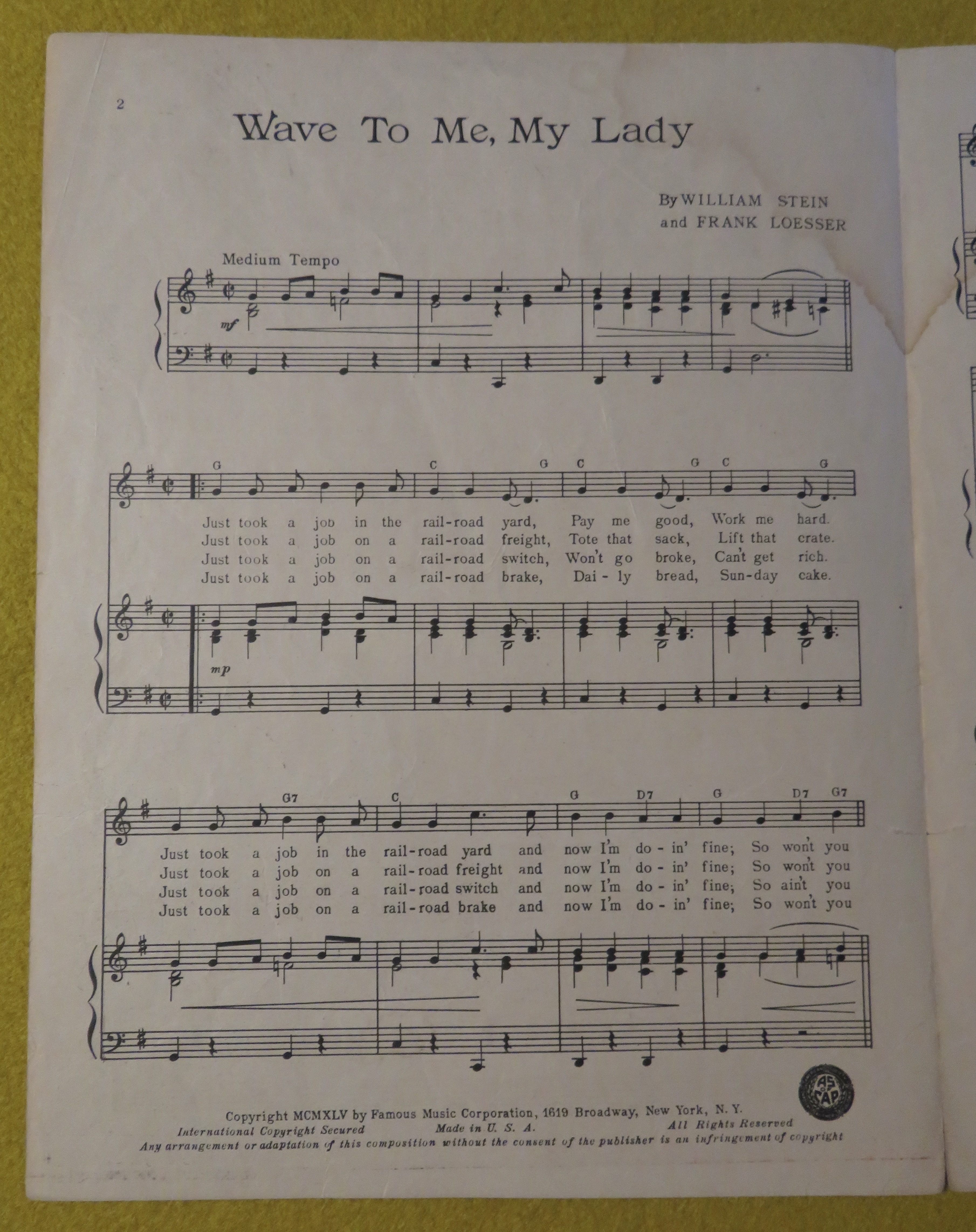 1945 Wave To Me, My Lady Sheet Music Stein/Loesser