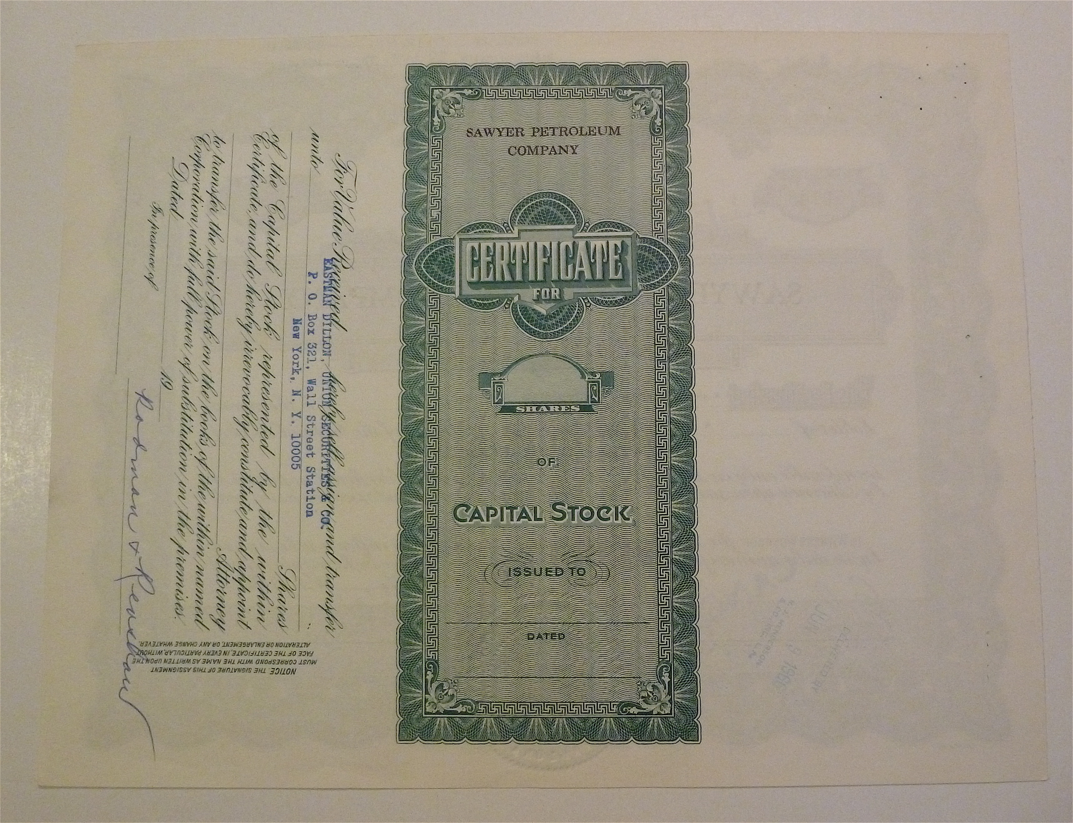 Sawyer Petroleum Company Stock Certificate