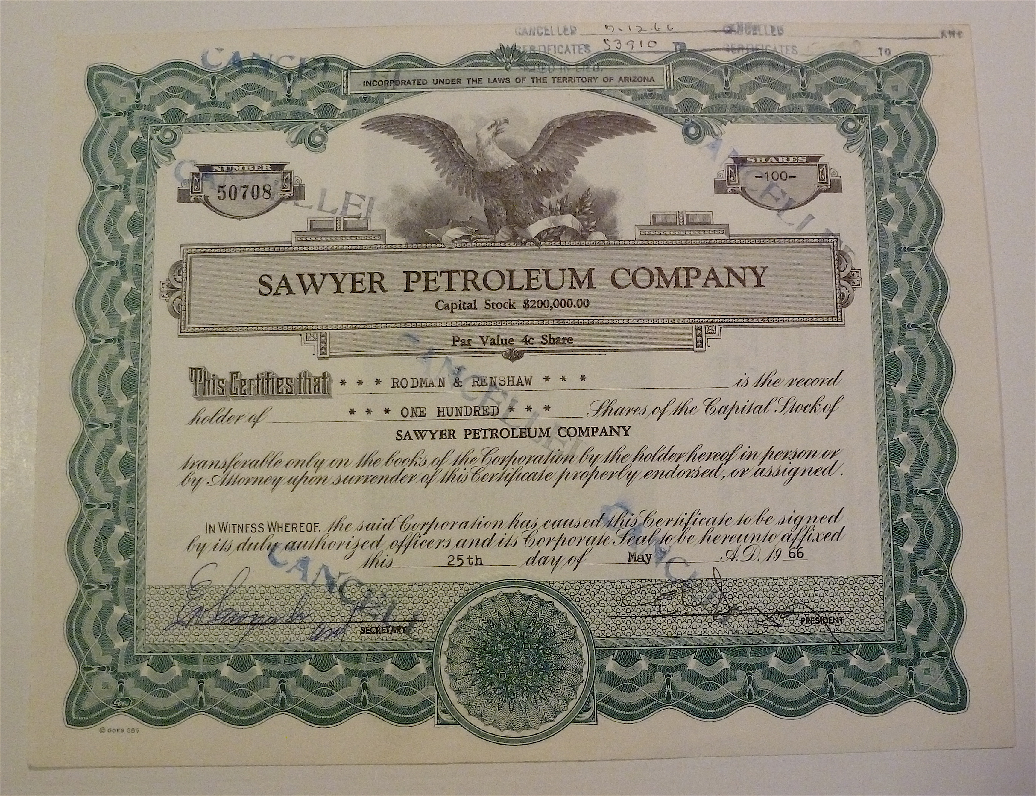 Sawyer Petroleum Company Stock Certificate