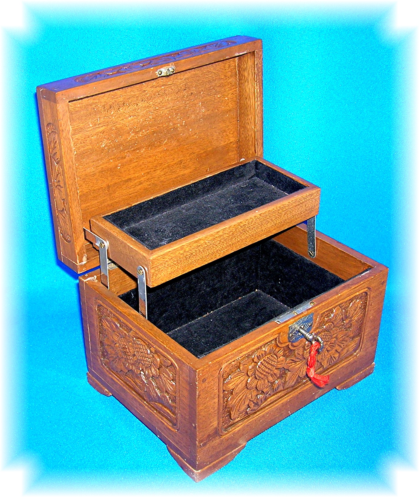 Vintage Hand Carved Wooden Jewelry Box With Key
