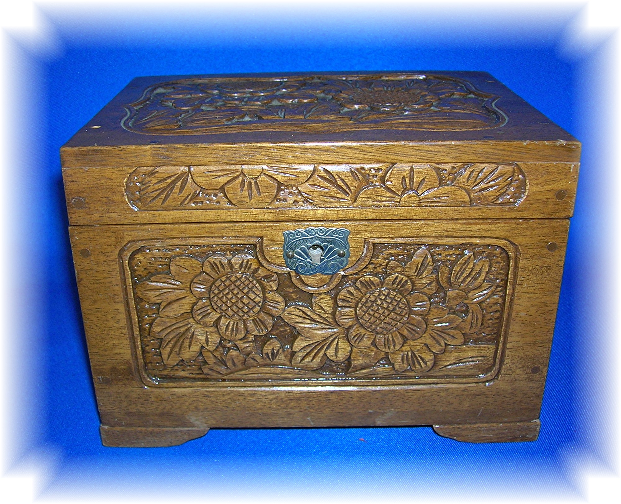 Vintage Hand Carved Wooden Jewelry Box With Key
