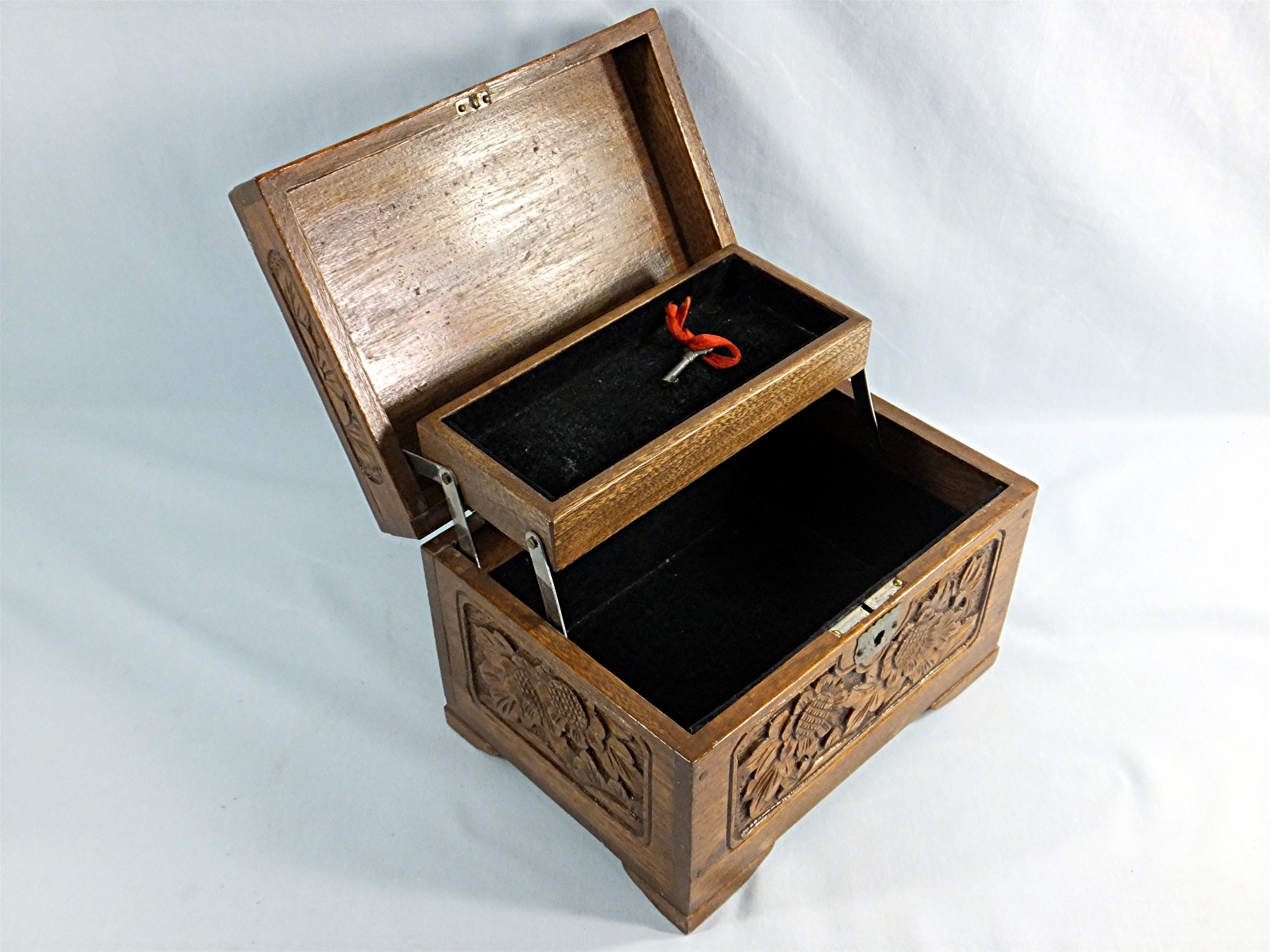 Vintage Hand Carved Wooden Jewelry Box With Key