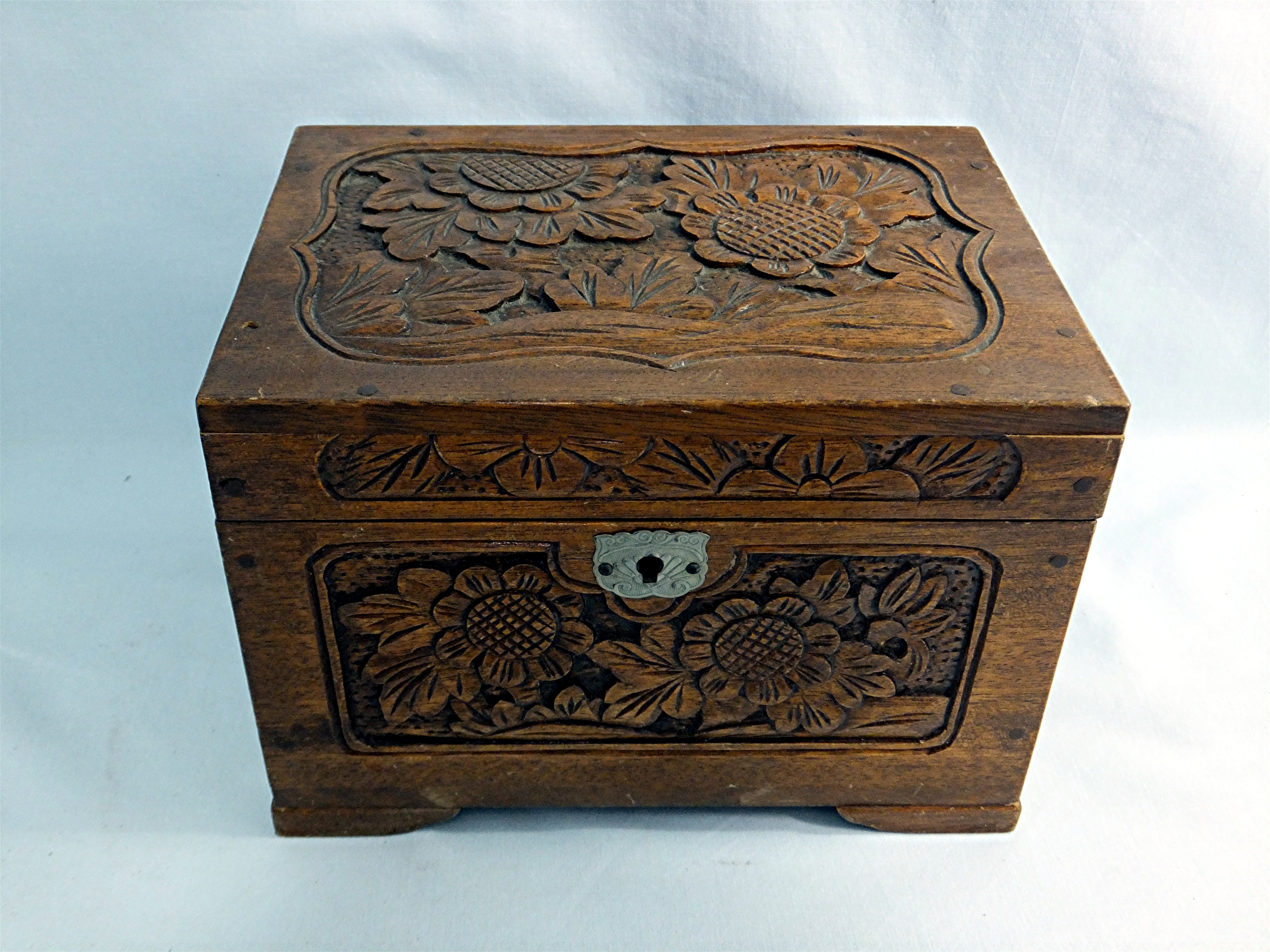 Vintage Hand Carved Wooden Jewelry Box With Key