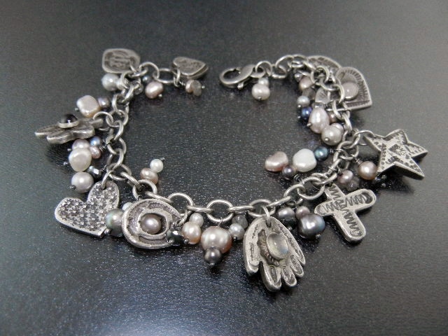 Charm Bracelet Sterling Silver Pearls Garnet Rose Quart