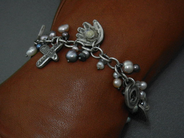 Charm Bracelet Sterling Silver Pearls Garnet Rose Quart