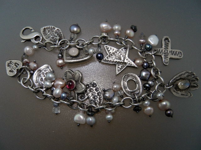 Charm Bracelet Sterling Silver Pearls Garnet Rose Quart